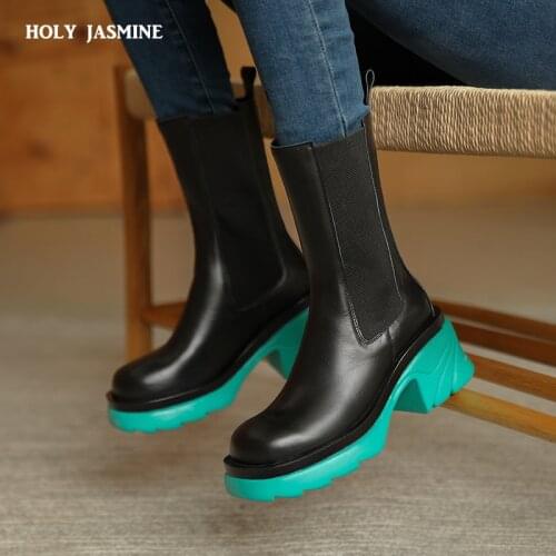 2021 New Autumn Winter Fashion Concise Women Ankle Boots Round Toe Genuine Leather Thick Heels Casual Platforms Shoes Woman