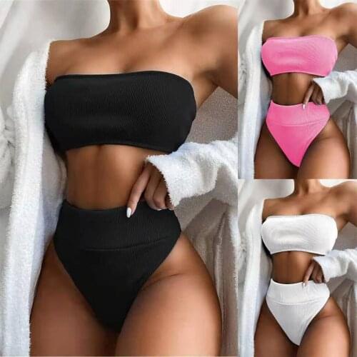 Women Sexy 2 Pieces Bikini Set Strapless Ribbed Bandeau Tube Top Micro Swimsuit High Waist Thong Simple Solid Color Bathing Suit