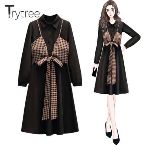 Trytree 2021 Spring Summer Womens Dress Fake 2 Pieces Casual Plaid Bow Vest Patchwork Knee-Length Office Lady Shirt Black Dress
