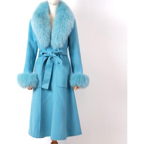 Ladies wool coat real fox fur collar women real 100% woollen coat