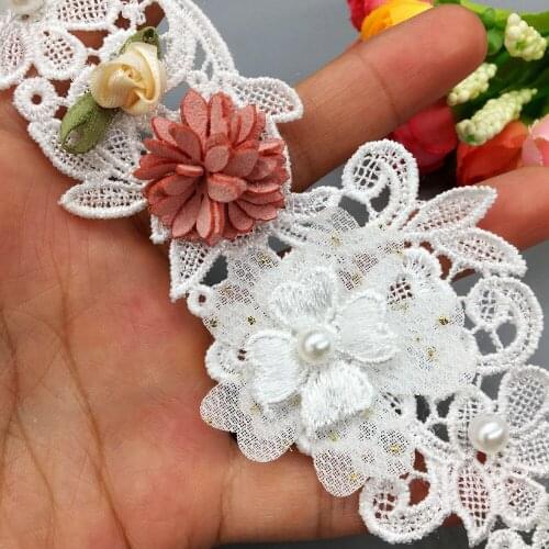 5pcs 2-Layer Vintage Light Yellow Rose Flower Pearl Lace Trim Wedding Dress Child Ribbon Embroidered Applique Sewing Crafts