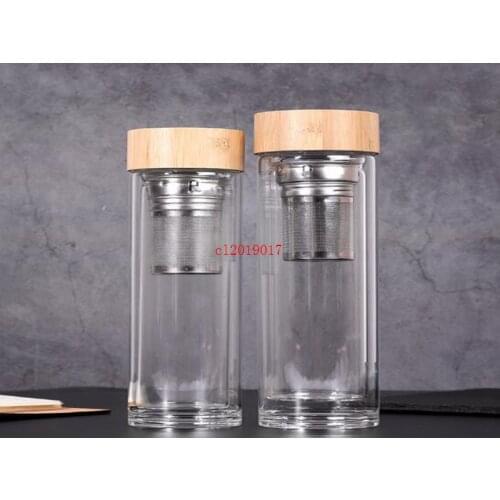 450ml Bamboo Lid Water Cups Double Walled Glass Tea Tumbler With Strainer And Infuser Basket Glass Water Bottles