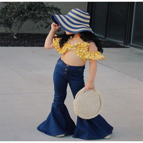Free shipping Toddler Baby Girl clothes off shoulder strap Polka Dot T-shirts Button pocket Denim Flared Pants 2pc cotton Outfit
