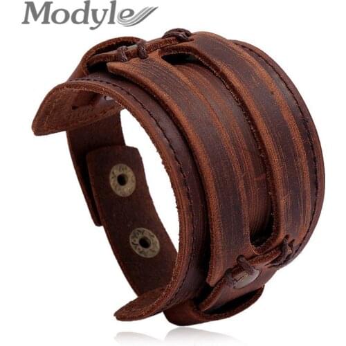 Modyle New Fashion Charm Wide Leather Bracelet Men Punk Braided Rope Alloy Cuff Bangle Male Wristband Bracelet Mens Jewelry