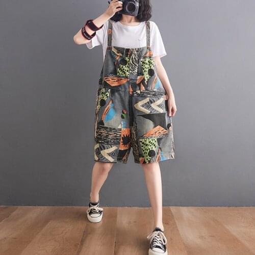 Denim Overalls Women Baggy Printed Floral Suspenders Bib Cowboy Pants Low Drop Crotch Jean Jumpsuits Female Rompers