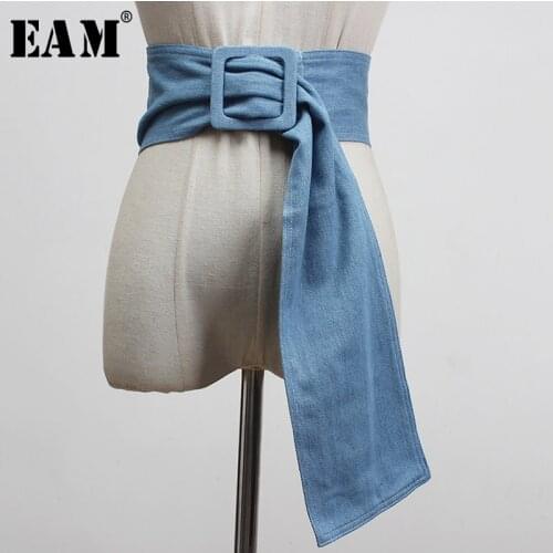 [EAM] Blue Denim Big Buckle Irregular Split Joint Long Wide Belt Personality Women New Fashion Tide All-match Spring 2021 1Y100