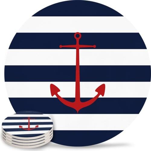 Geometric Blue Stripes Anchor Round Coaster Coffee Table Mats Kitchen Accessories Absorbent Ceramic Coasters