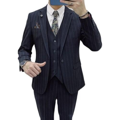 Fashion Blazer Vest Pants Mens Business Suit Ensembles Homme Slim Tuxedo Formal Evening Dinner Wedding Groom Stripe 3Pces set