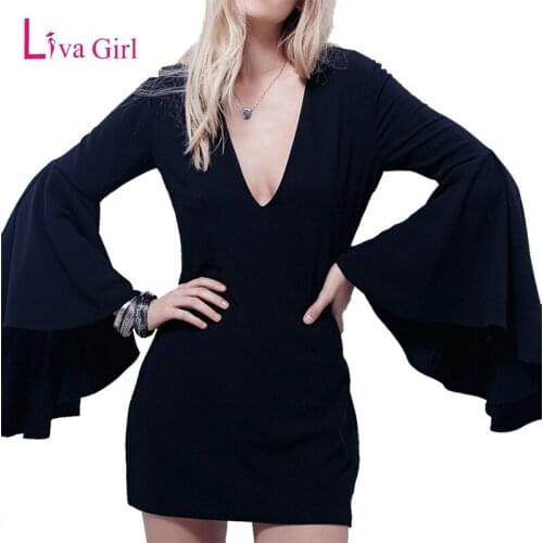 Liva Girl Women Black Vintage Flared Bell Sleeve Mini Dress V-Neck Bodycon Party Clubwear Dresses Autumn Sexy Fashion Dresses