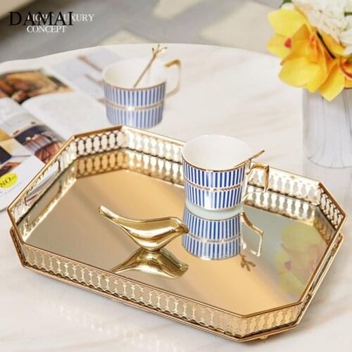 Gold Inlay Hollow Glass Mirror Trays Decorative Plating Craft Golden Stroke Jewelry Cosmetic Display Storage Tray Home Decor
