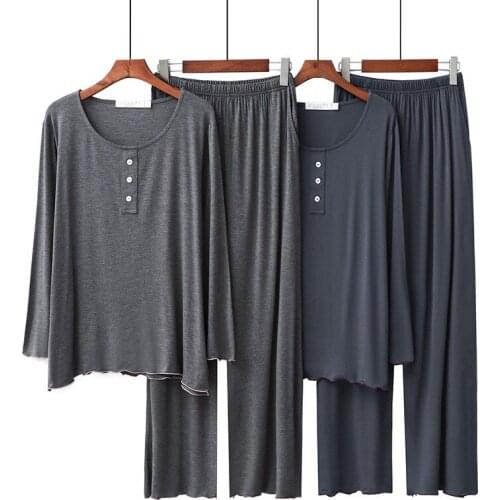 Modal Simple Autumn Winter Pyjamas Women Round Neck Bucket Pants Loose Casual Pajamas Set Long Sleeve Ladies pijama Home Clothes