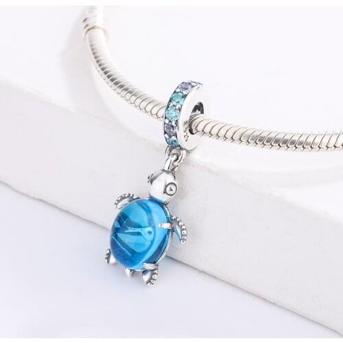 Fashion 925 Sterling Silver Twinkling Turtle Charm Blue Sea Turtle Moment Pendant Charm Bracelet DIY Jewelry Making For Pandora