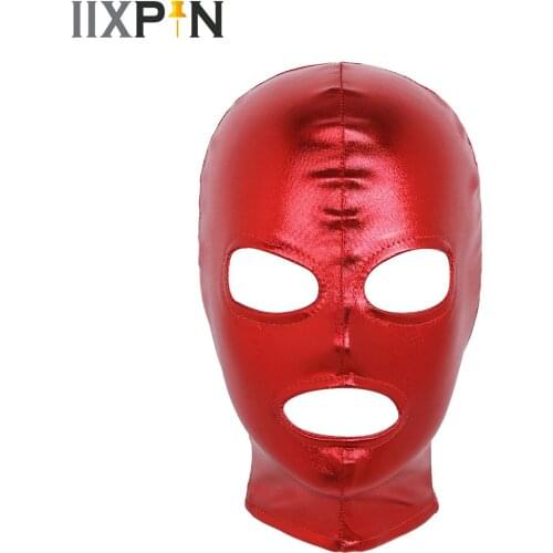 Mens Women Latex Mask Sex Headgear Shiny Metallic Open Eyes and Mouth Headgear Full Face Mask Hood for Role Play Costume for Sex