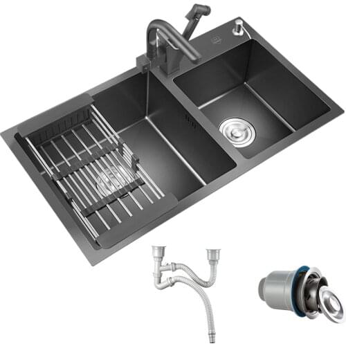 30x16 inch Black Kitchen Sink Drop-In/Undermount Stainless Steel Seamless Welding Double Bowl Kitchen Sink Faucet Set