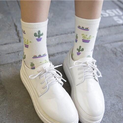 1Pair Spring Summer Women Girl Plant Cactus Pattern Comfortable Lovely Cute Cotton Socks Female Casual Warm Soft Funny Socks