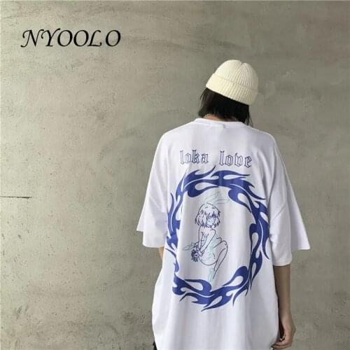 NYOOLO Harajuku Anime Gothic Letters Print Short Sleeve Oversized T-Shirt Women Kawaii Clothes Summer O-Neck Cartoon Y2K Tops