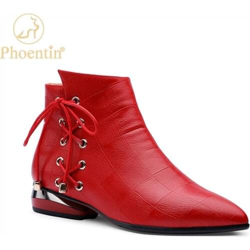 Phoentin red low heeled ankle boots zipper boots women shoes fashion 2020 bow knot shoes demi-season womens footwear FT1143
