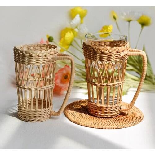 Handmade Rattan Woven Water Cup Cover Holder Chopsticks Spoon Storage Organizer with Handle Protection Bottle Covers Cup Set
