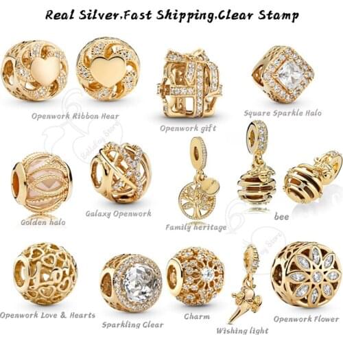 Real 925 Sterling Silver Charms Gold Openwork Galaxy Beads Fits Original Bracelets Bangles Women Jewerly DIY Making