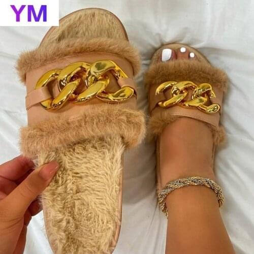 Summer Fluffy Raccoon Fur Slippers Shoes Women Real Fox Fur Gold Chain Flat Furry Fur Slides Outdoor Sandals Woman Amazing Shoes