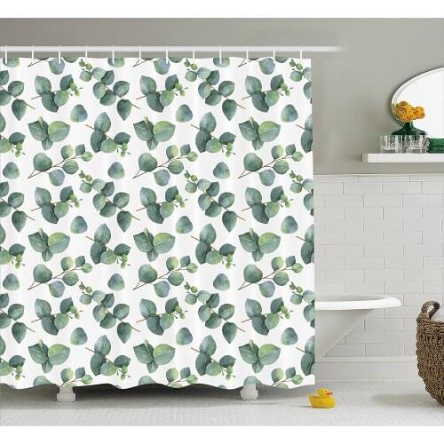 Leaf Shower Curtain Watercolor Style Pattern with Silver Dollar Eucalyptus Leaves and Branches Home Decoration Bathroom Curtains