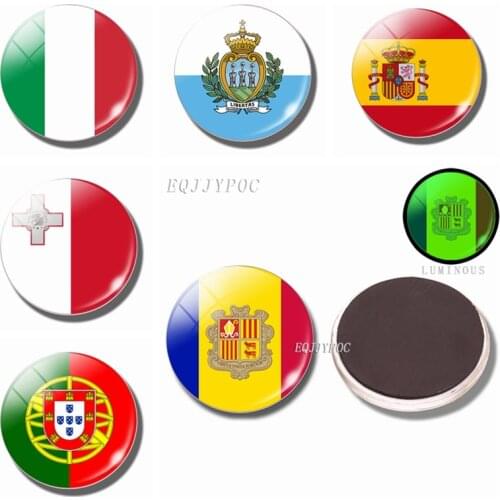 Luminous Fridge Magnets Flag 30MM Glass Refrigerator Magnet Souvenir Europe: Italy, SAN Marino, Malta, Spain, Portugal, Andorra