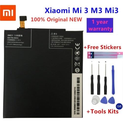 Xiao mi Original Replacement Battery For Xiaomi Mi 3 M3 Mi3 BM31 Genuine Phone Battery 3050mAh+Gift Tools +Stickers