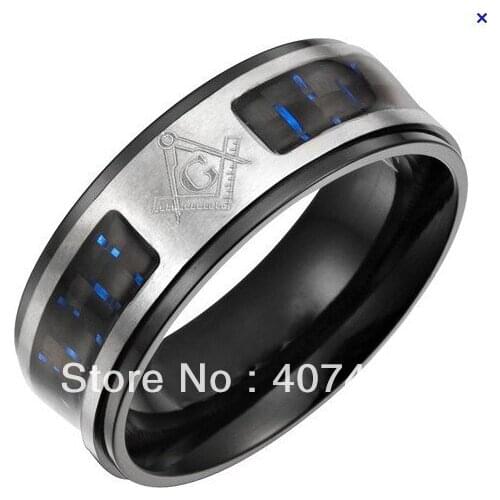 Anniversary Gift Ring Masonic Ring 8MM 316 Stainless Steel Black &Polished Two Tones With Blue Fiber Inlay Masonic Master Ring