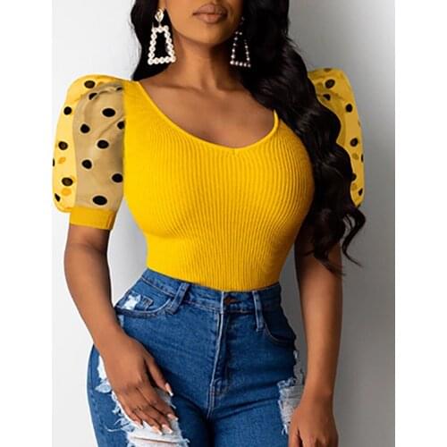 Short Sleeve Women Summer T-shirt Tops Dot Printed Female Mesh Shirts Sexy V Neck Bandage Fashion Clothes