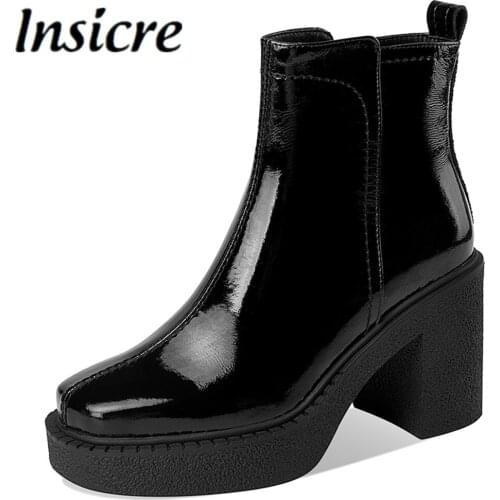 Insicre New 2021 Autumn Winter Women Ankle Boots Cow Patent Leather High Heels Platform Black Beige Dress Party Office Shoes