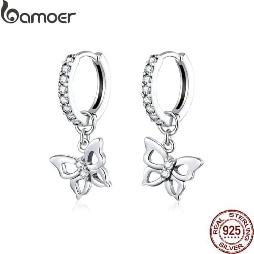 Bamoer Dazzling Butterfly Hoop Earrings for Women 925 Sterling Silver Engagemet Wedding Statement Jewelry Pendientes SCE833