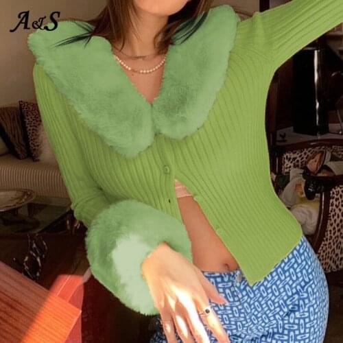 Anbenser New Y2K Sweaters Cardigan Women V Neck Outfits Knitwear Fur Sleeve Patchwork Cardigans Female Streetwear Girl Party Top