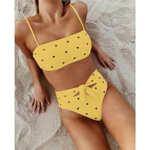 High Waist Womens Swimsuit Heart Print Push Up Padded Bikini Set Strap Bowknot Two Piece Swimwear Bathing Suit Beachwear