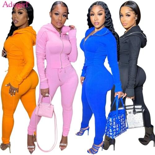 Adogirl Women Solid Tracksuit Autumn Casual Two Piece Set Long Sleeve Zipper Hooded Sweatshirts Slim Pants Female Sports Suits
