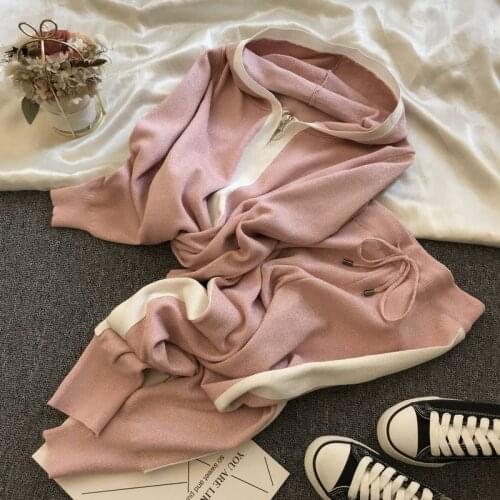 Zipper Warm Women 2 Pieces Set Knitted Outfits Hooded Sweater & Lace-up Pencil Pants 2020 Autumn Winter Female Sweater Set