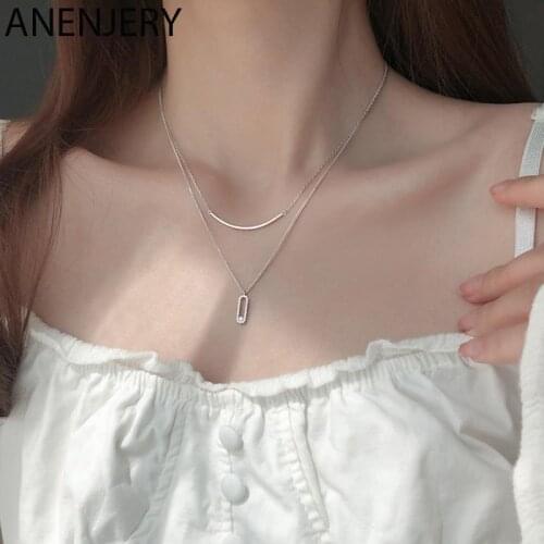 ANENJERY 925 Sterling Silver Micro Zircon Curved Line Geometric Pendant Necklace For Women Double layer Chain Simple Jewelry