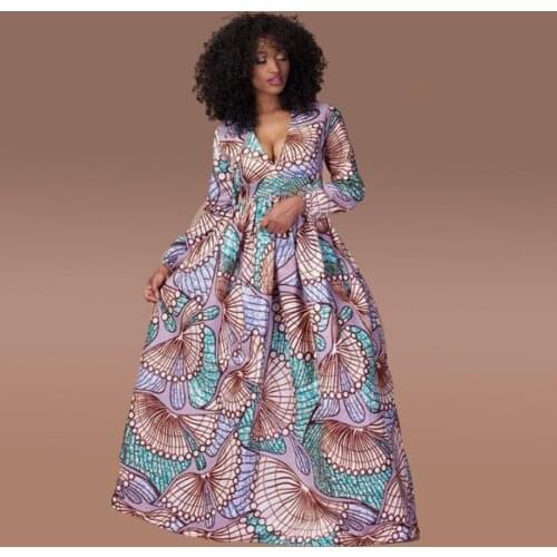 FNOCE African long-sleeved Maxi dress women plus size womens Ankara print Nigeria wearing traditional cloth high waist