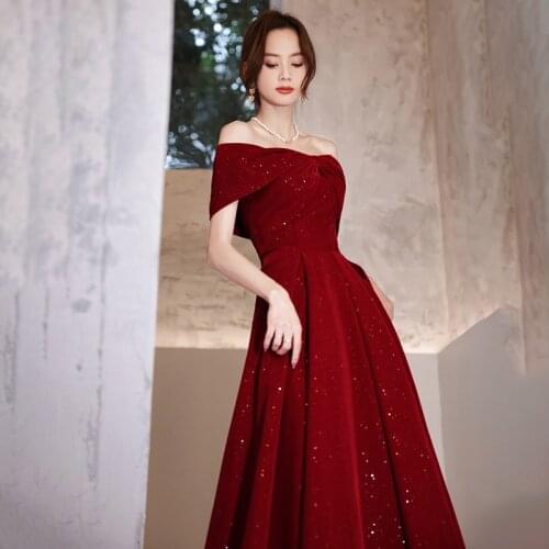 Women Burgundy Evening Dresses Women Off-shoulder Formal Party Sexy Backless A-line Gown robe de soiree
