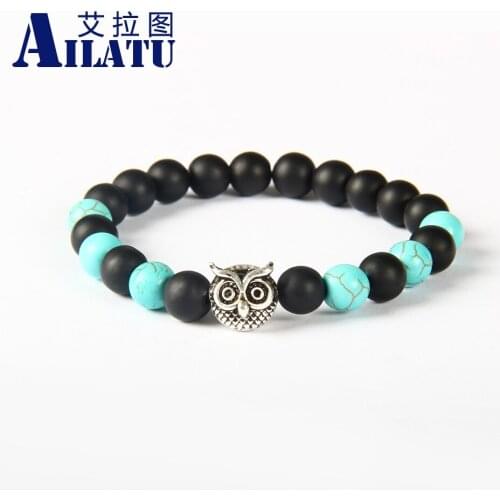 Ailatu Mens Summer Fashion Jewelry Animal Charm Bracelet Made by 8mm Black Beads with Metal Owl Head