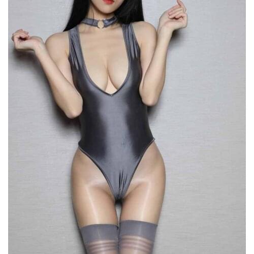 AIIOU Satin Glossy Lingerie Babydoll Underwear Women Sexy Shiny Elastic Thong Bodysuits Hot Erotic Lingerie with Stockings Sets