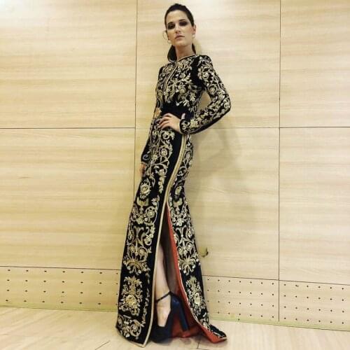 Noble Gold Embroidery Caftan Romeo Elegant Velvet Dress 2019 New Round Neck Side Slit Long Sleeve Cut Out Maxi Bodycon Dress