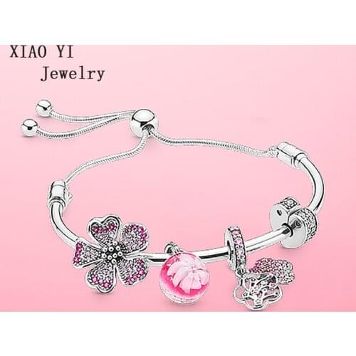 XIAOYI 2020new 100% S925 Pink romantic big flower coloured glaze peach blossom bracelet high quality valentines day gift female