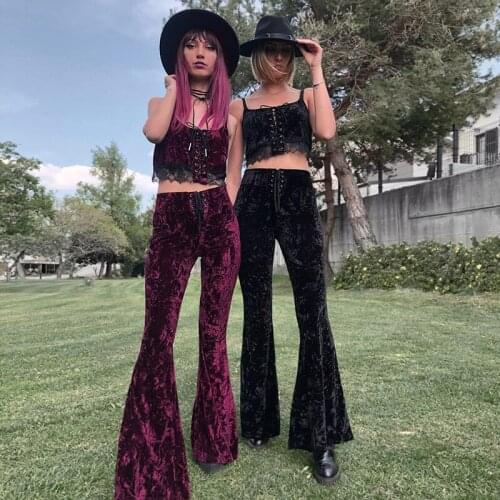 Y2K Goth Black Flare Pants Harajuku High Waist Bandage Pants Vintage Aesthetic Velvet Women Trousers Streetwear Pants Punk Pant