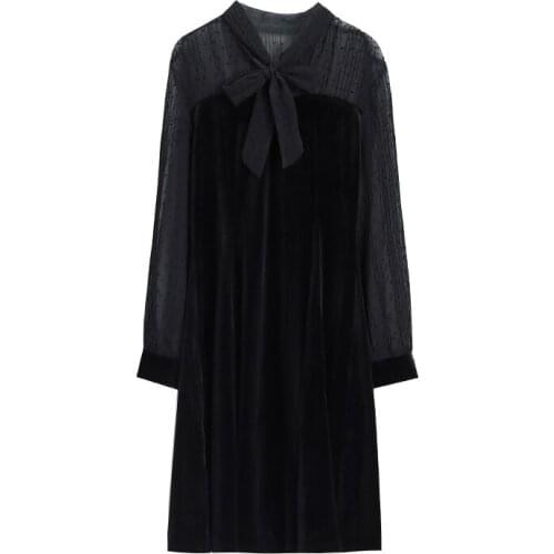 Black Splicing Net Yarn Elegant Vestidos Long Sleeve Office Plus Size Dress Women Office Ladies Chic Short Party Dress Robe