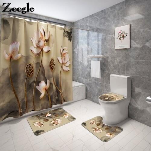Floral Bathroom Carpet Bath Mat with Shower Curtain Set Flannel Toilet Seat Cover Mat Water Absorbing Bath Carpet Bathroom Rugs