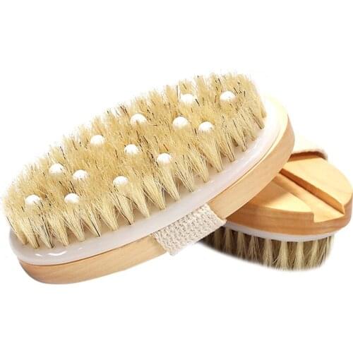 2 in 1 Wooden Natural Bristle Body Brush Dry Wet Bath Scrubber Massager SPA Dry Brush - Bathes Brush Set Bathing Body Brush Tool