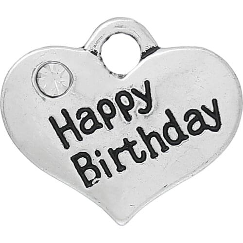 DoreenBeads Charm Pendants Heart Silver color "Happy Birthday" Carved Rhinestone DIY Making Necklace Jewelry 16mm x 14mm,20PCs