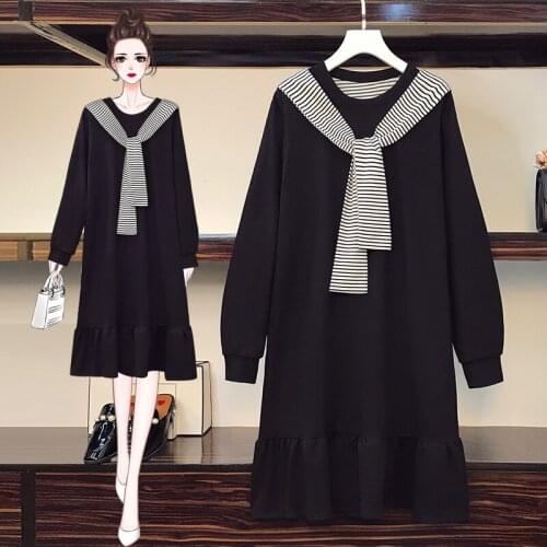 EHQAXIN 2021 Autumn Winter Womens Dresses New Fashion Loose Navy Style Stitching Striped Long-Sleeved Ruffle Dress Female L-5XL