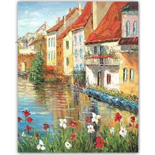 100% Hand Painted Mediterranean Landscape House Oil Painting Picture Canvas Painting Wall Art Hanging for Living Room Decoration