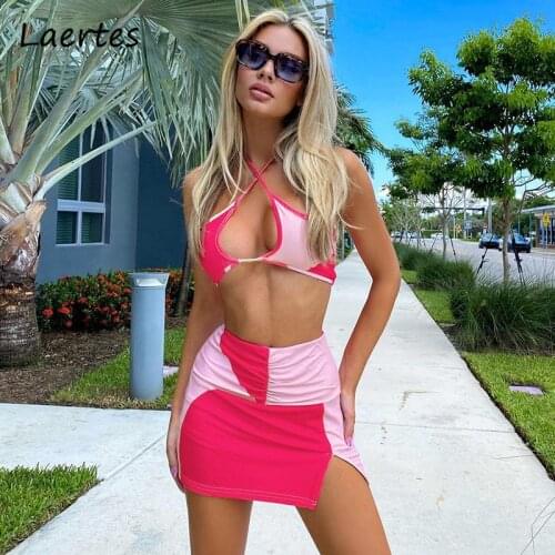 Laertes Two Piece Set Women Summer Floral Print Hollow Out Backless Red Crop Top Casual Mini Skirt Beach Patchwork Dress Sets